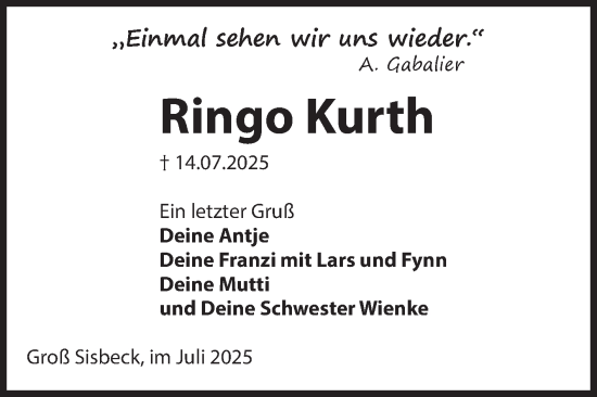 Traueranzeige von Ringo Kurth von Volksstimme Altmark Ost