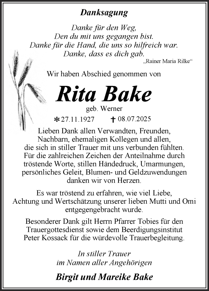  Traueranzeige für Rita Bake vom 16.08.2025 aus Trauerkombi Dessau