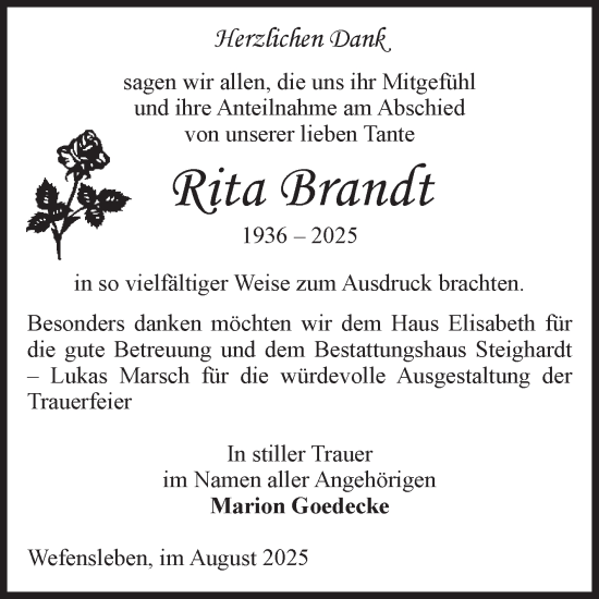 Traueranzeige von Rita Brandt von Volksstimme Oschersleben/Wanzleben