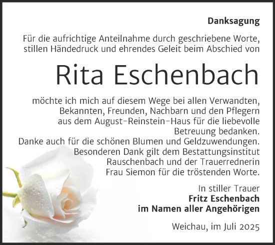 Traueranzeige von Rita Eschenbach von Super Sonntag Naumburg/Nebra
