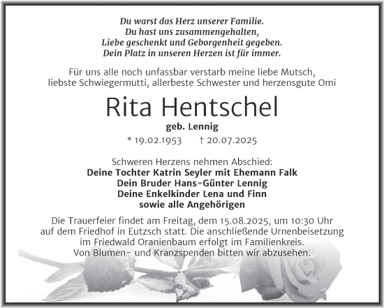 Traueranzeige von Rita Hentschel von Trauerkombi Wittenberg