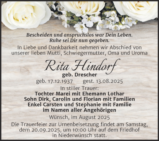 Traueranzeige von Rita Hindorf von Trauerkombi Merseburg