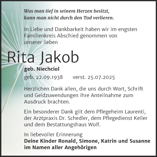 Traueranzeige von Rita Jakob von Trauerkombi Weißenfels