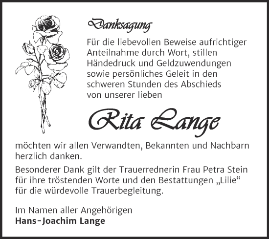 Traueranzeige von Rita Lange von Trauerkombi Dessau