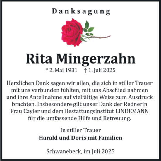 Traueranzeige von Rita Mingerzahn von Volksstimme Halberstadt