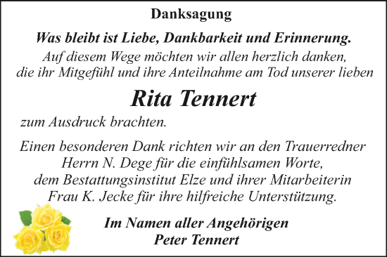 Traueranzeige von Rita Tennert von Trauerkombi Dessau