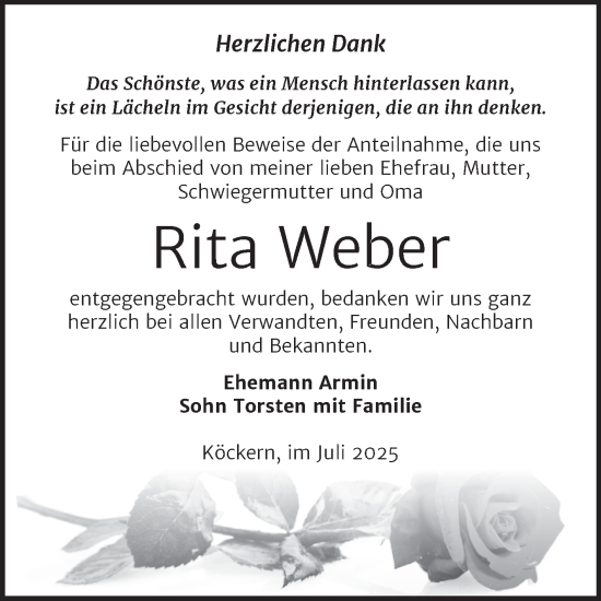 Traueranzeige von Rita Weber von Trauerkombi Bitterfeld