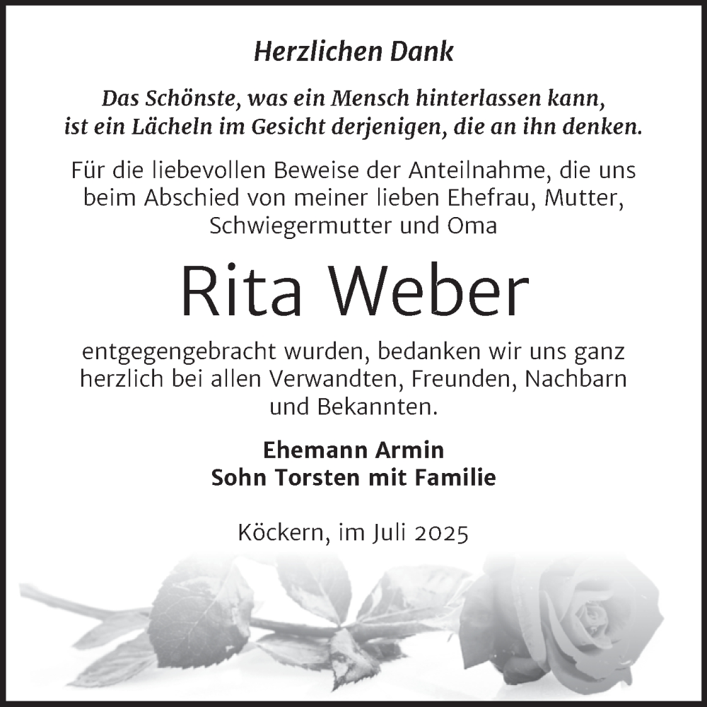  Traueranzeige für Rita Weber vom 23.08.2025 aus Trauerkombi Bitterfeld