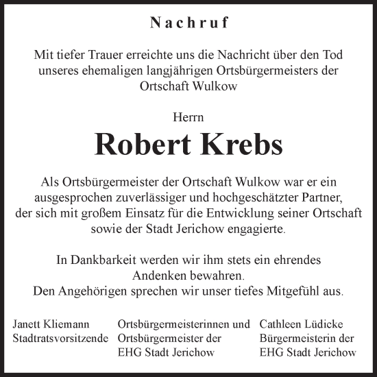 Traueranzeige von Robert Krebs von Volksstimme Burg/Genthin
