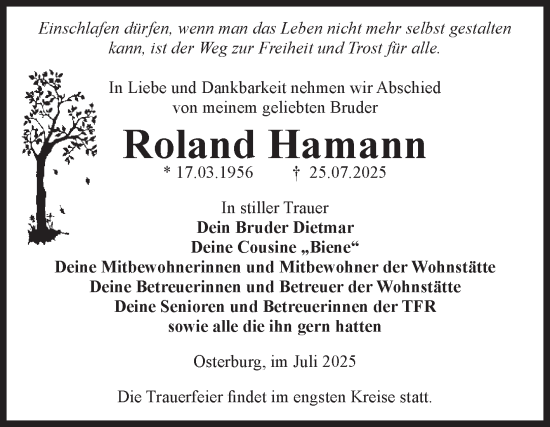 Traueranzeige von Roland Hamann von Volksstimme Altmark Ost