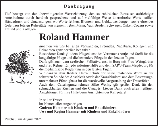 Traueranzeige von Roland Hammer von Volksstimme Burg/Genthin