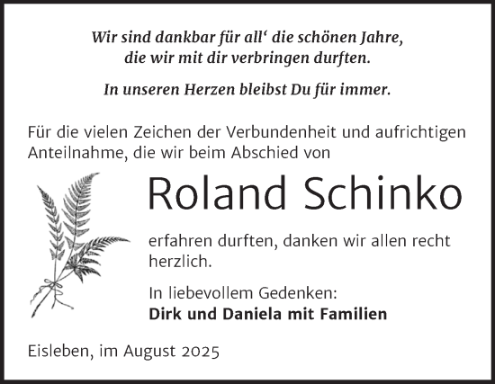 Traueranzeige von Roland Schinko von Trauerkombi Mansfelder Land