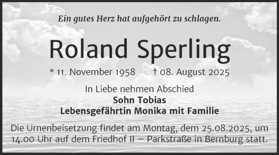 Traueranzeige von Roland Sperling von Trauerkombi Bernburg