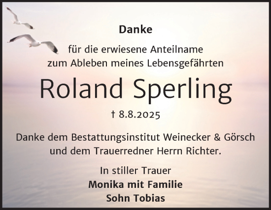 Traueranzeige von Roland Sperling von Trauerkombi Bernburg
