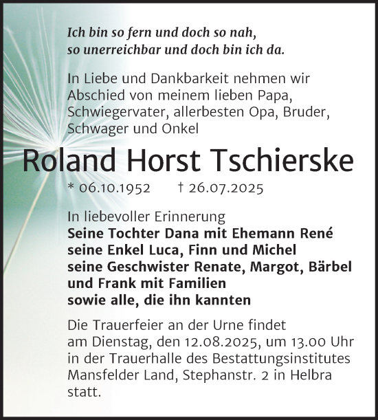 Traueranzeige von Roland Horst Tschierske von Trauerkombi Mansfelder Land