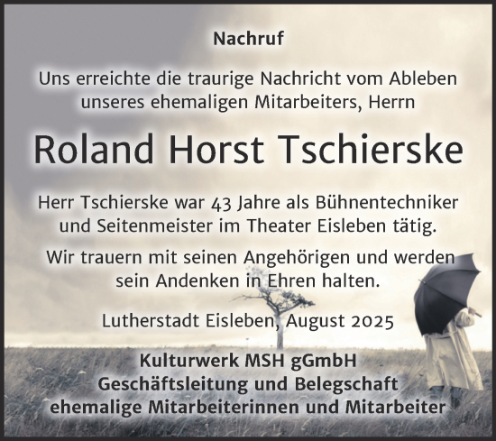 Traueranzeige von Roland Horst Tschierske von Mitteldeutsche Zeitung Mansfelder Land