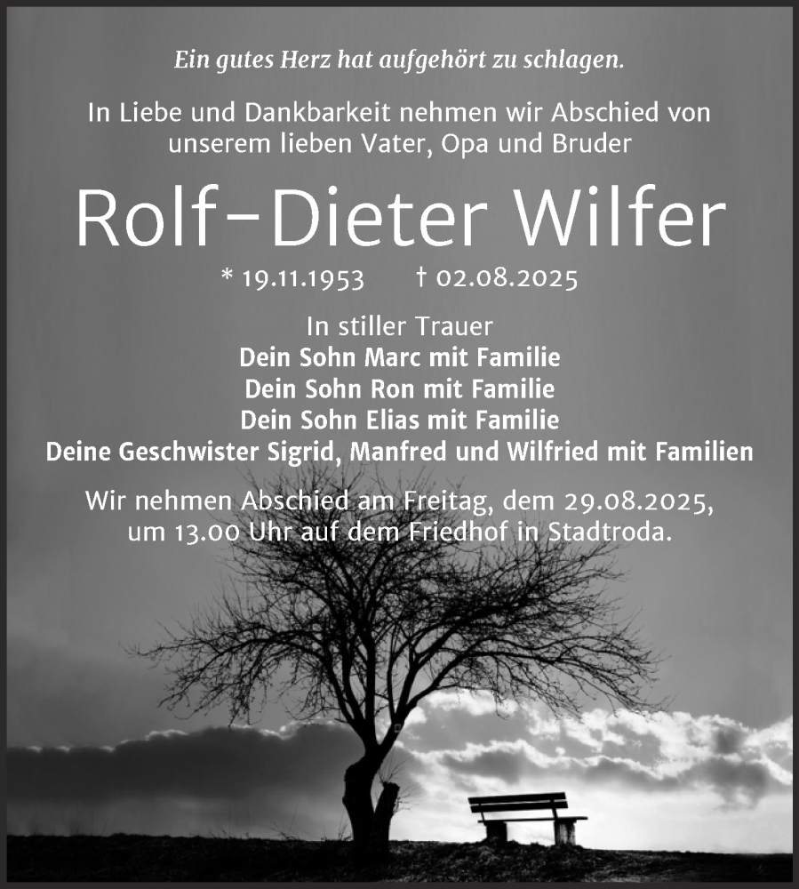  Traueranzeige für Rolf-Dieter Wilfer vom 16.08.2025 aus Trauerkombi Weißenfels