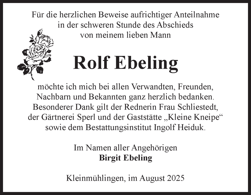  Traueranzeige für Rolf Ebeling vom 30.08.2025 aus Volksstimme Schönebeck