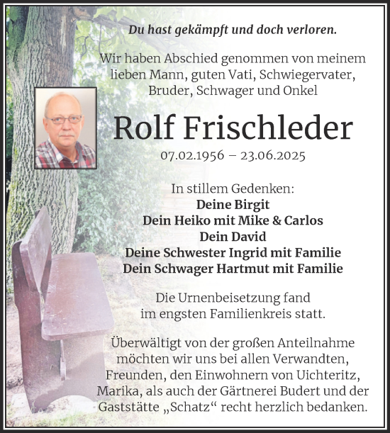Traueranzeige von Rolf Frischleder von Trauerkombi Weißenfels
