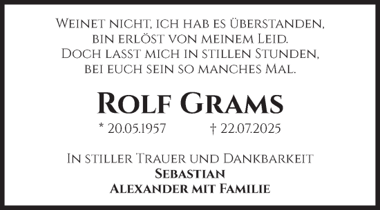 Traueranzeige von Rolf Grams von Volksstimme Burg/Genthin