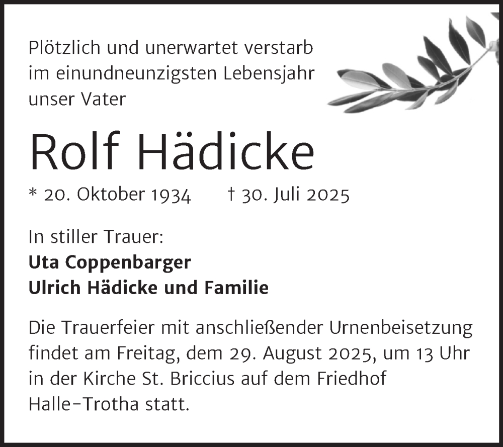  Traueranzeige für Rolf Hädicke vom 16.08.2025 aus Mitteldeutsche Zeitung Halle/Saalkreis