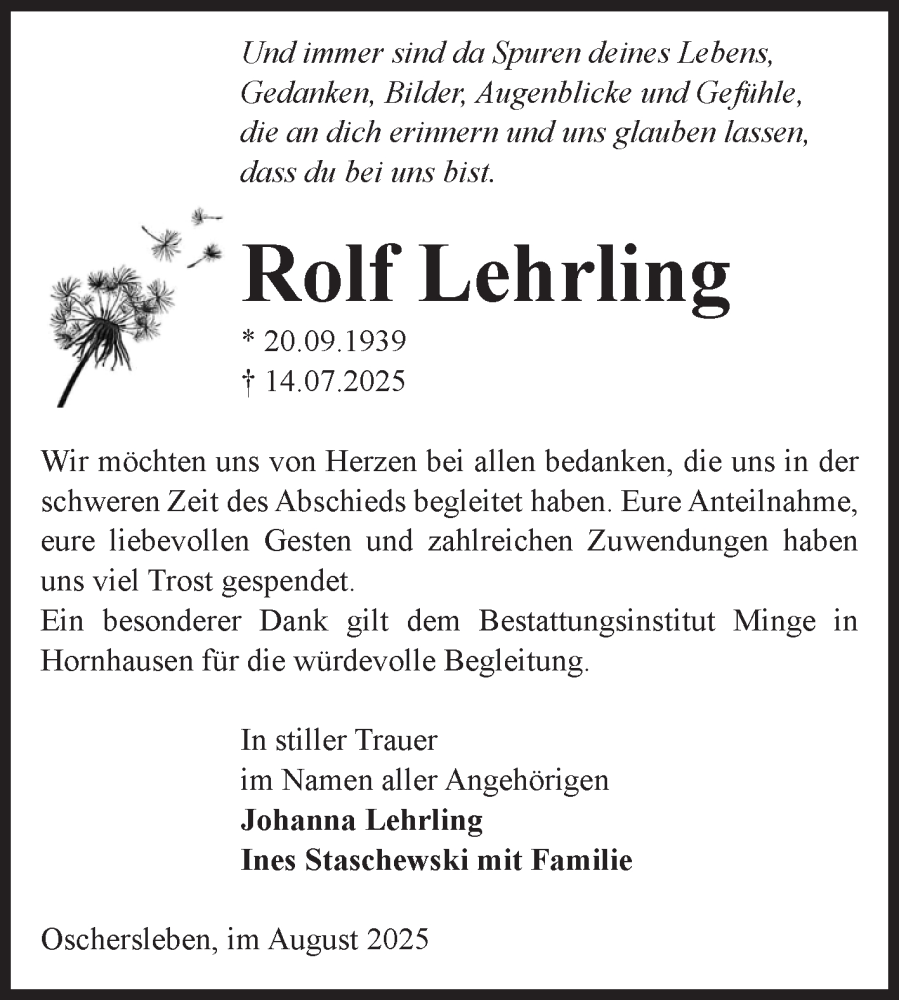  Traueranzeige für Rolf Lehrling vom 23.08.2025 aus Volksstimme Oschersleben/Wanzleben