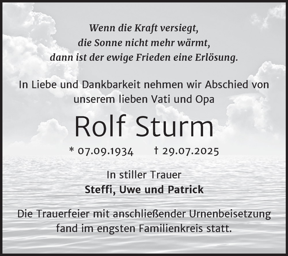  Traueranzeige für Rolf Sturm vom 23.08.2025 aus Mitteldeutsche Zeitung Halle/Saalkreis