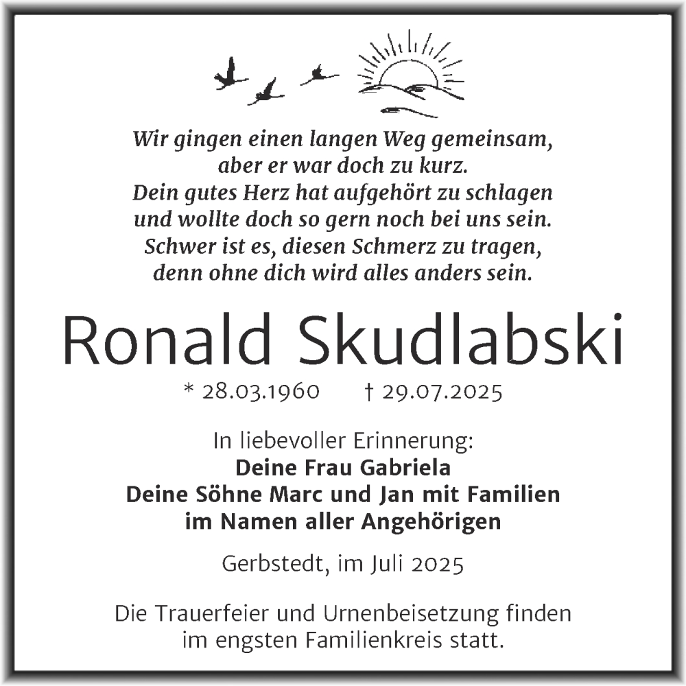  Traueranzeige für Ronald Skudlabski vom 09.08.2025 aus Trauerkombi Mansfelder Land