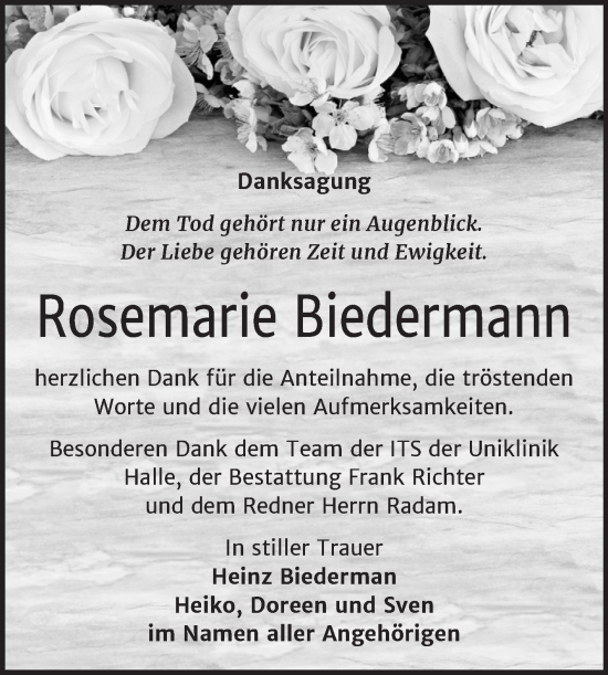 Traueranzeige von Rosemarie Biedermann von Trauerkombi Sangerhausen