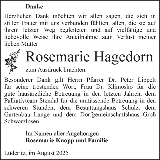 Traueranzeige von Rosemarie Hagedorn von Volksstimme Altmark Ost