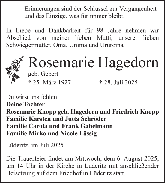 Traueranzeige von Rosemarie Hagedorn von Volksstimme Altmark Ost