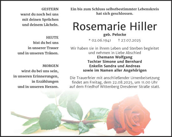 Traueranzeige von Rosemarie Hiller von Trauerkombi Wittenberg