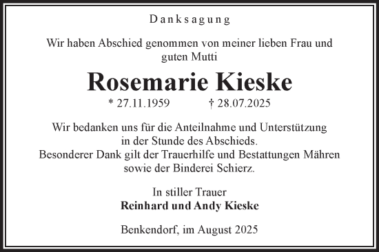 Traueranzeige von Rosemarie Kieske von Volksstimme Altmark West