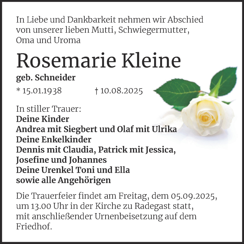  Traueranzeige für Rosemarie Kleine vom 16.08.2025 aus Trauerkombi Köthen