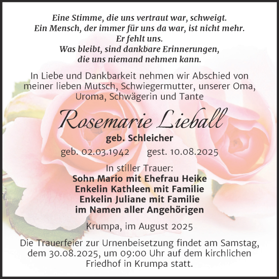 Traueranzeige von Rosemarie Lieball von Trauerkombi Merseburg