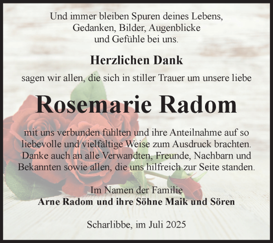 Traueranzeige von Rosemarie Radom von Volksstimme Altmark Ost