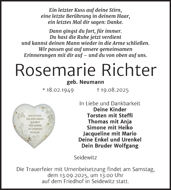 Traueranzeige von Rosemarie Richter von Super Sonntag Naumburg/Nebra