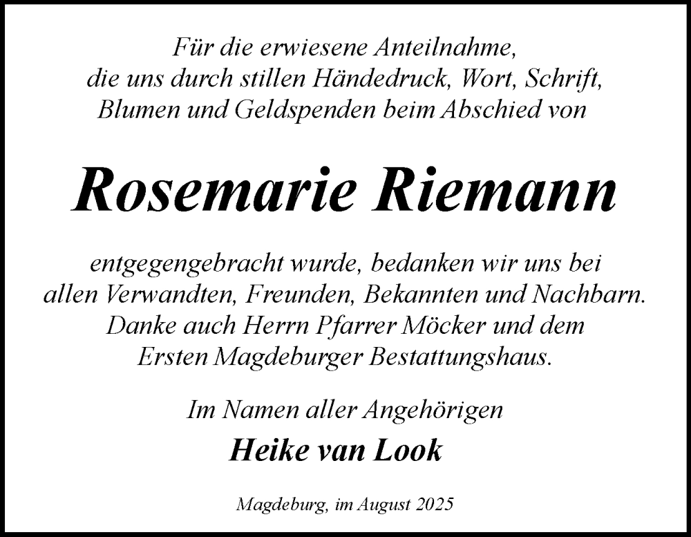  Traueranzeige für Rosemarie Riemann vom 09.08.2025 aus Volksstimme Magdeburg