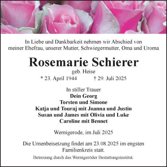 Traueranzeige von Rosemarie Schierer von Volksstimme Wernigerode
