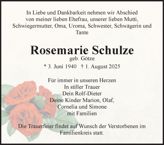 Traueranzeige von Rosemarie Schulze von Volksstimme Burg/Genthin