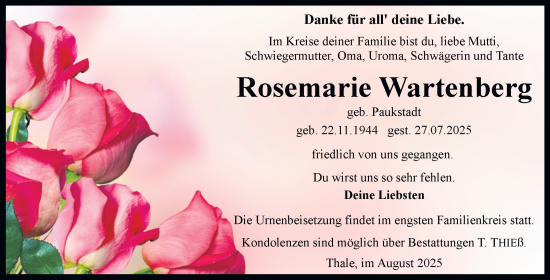 Traueranzeige von Rosemarie Wartenberg von Trauerkombi Quedlinburg