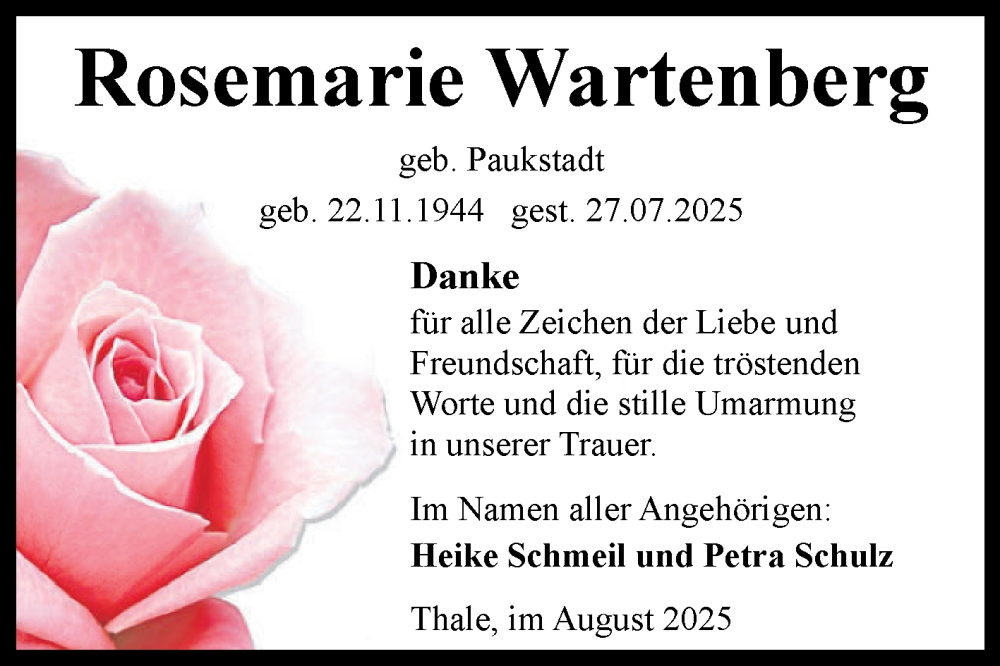 Traueranzeige für Rosemarie Wartenberg vom 30.08.2025 aus Trauerkombi Quedlinburg
