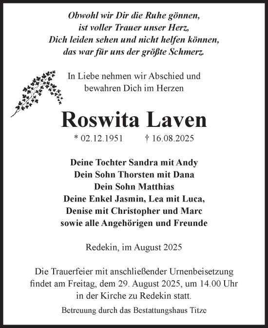 Traueranzeige von Roswita Laven von Volksstimme Burg/Genthin