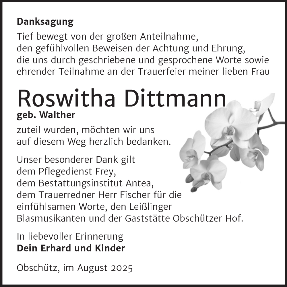  Traueranzeige für Roswitha Dittmann vom 23.08.2025 aus Trauerkombi Weißenfels