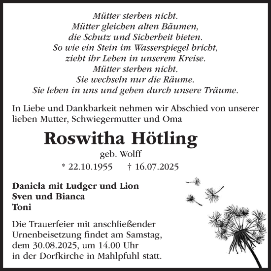 Traueranzeige von Roswitha Hötling von Volksstimme Altmark Ost