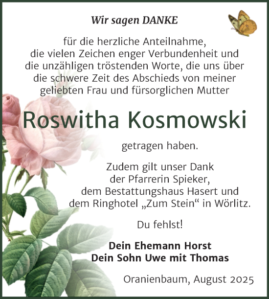 Traueranzeige von Roswitha Kosmowski von Trauerkombi Wittenberg