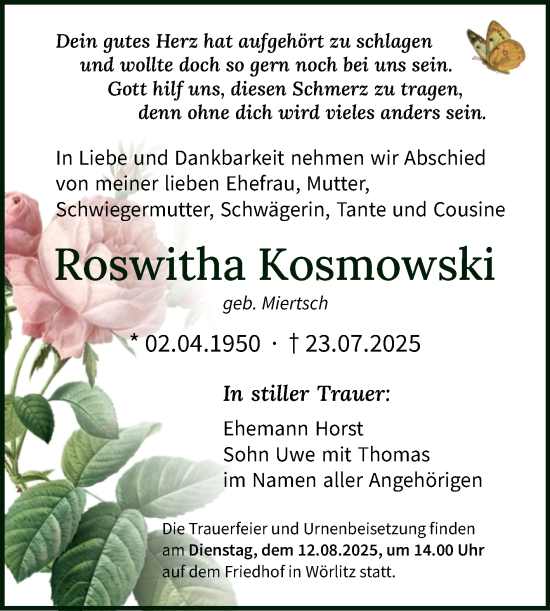 Traueranzeige von Roswitha Kosmowski von Trauerkombi Wittenberg