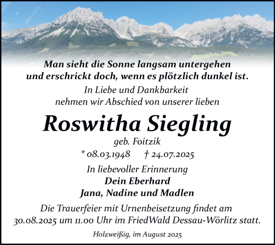 Traueranzeige von Roswitha Siegling von Trauerkombi Bitterfeld