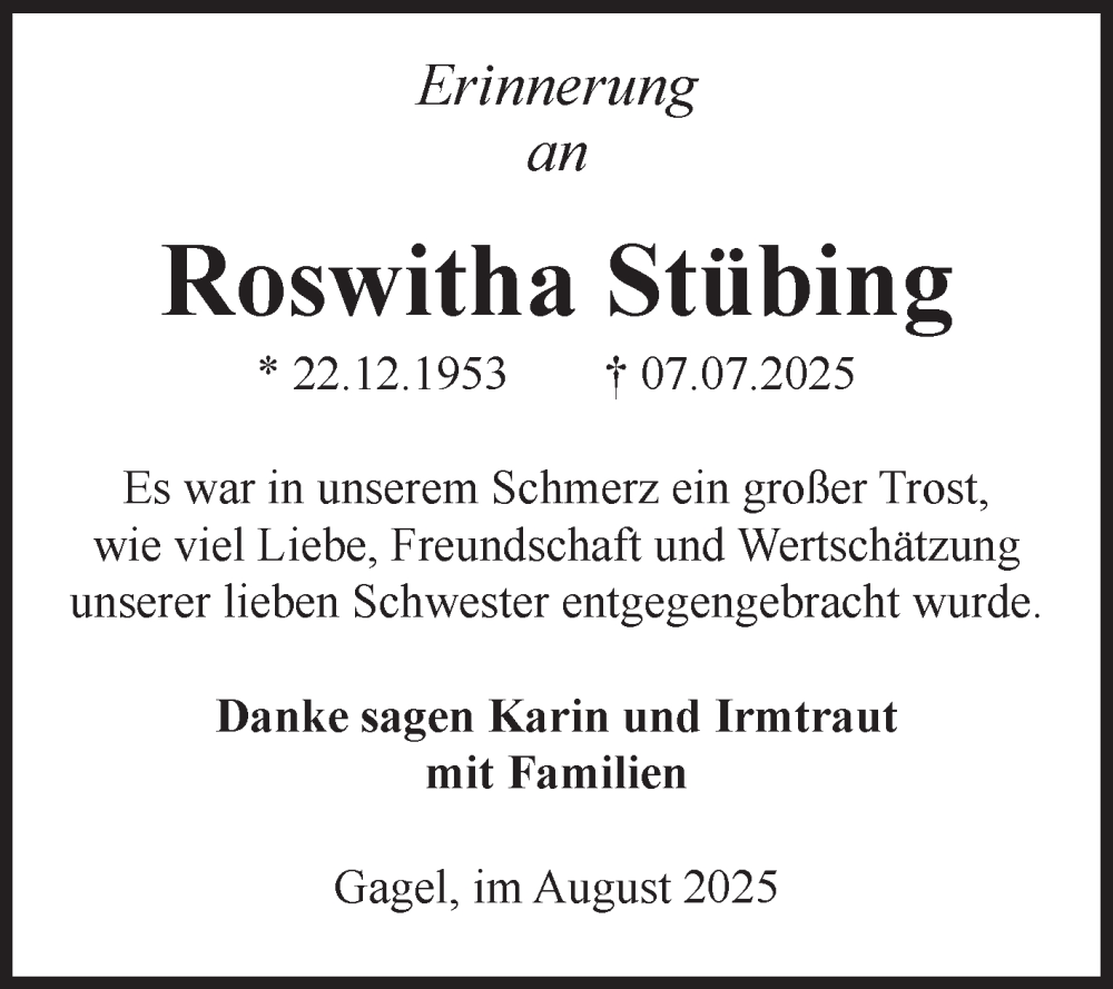  Traueranzeige für Roswitha Stübing vom 09.08.2025 aus Volksstimme Altmark Ost