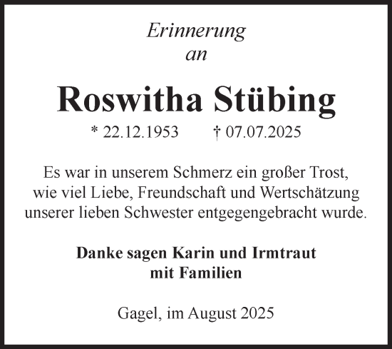 Traueranzeige von Roswitha Stübing von Volksstimme Altmark Ost